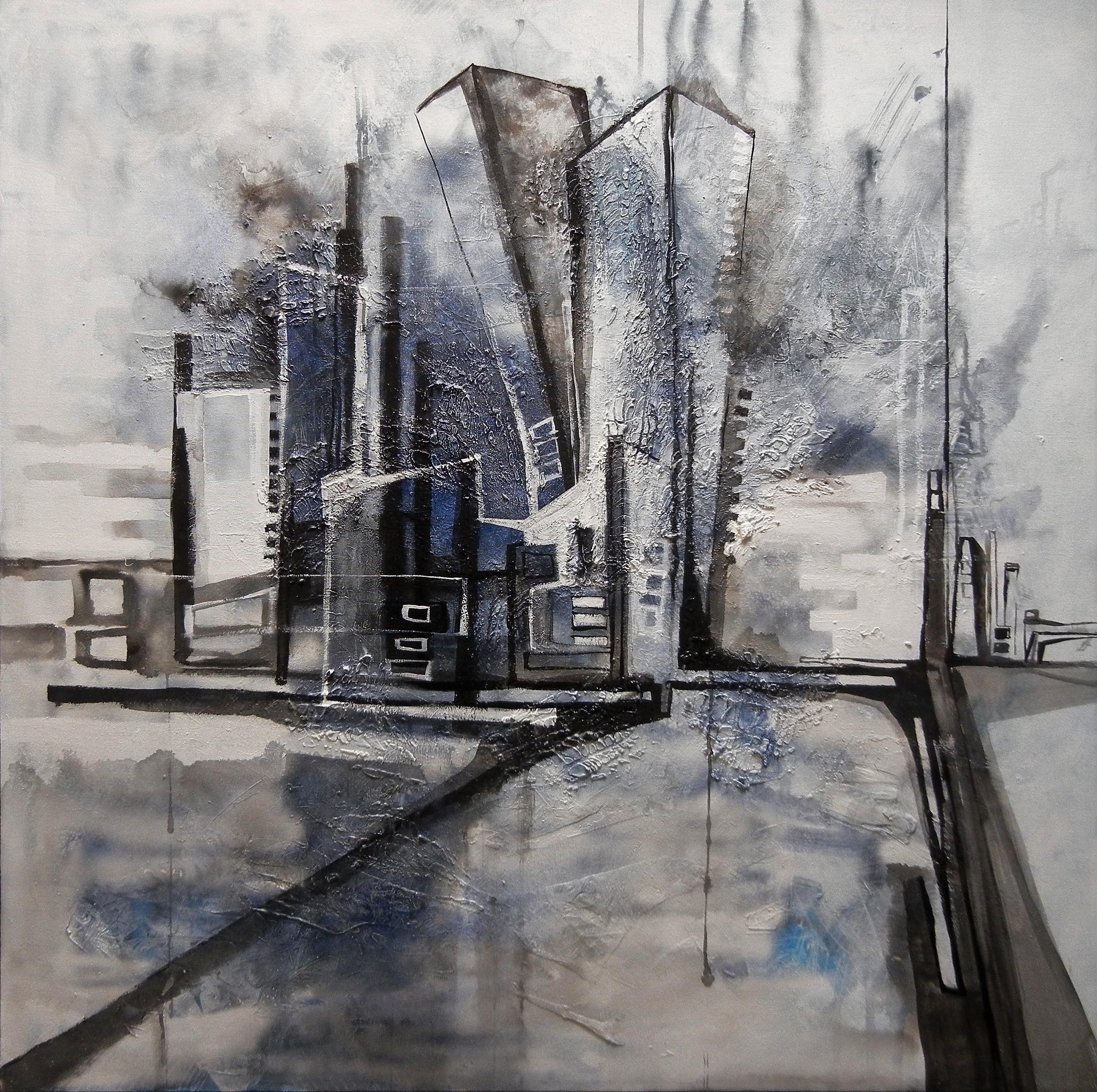 „Stadt Static“ (2022) von Jennifer Bobola, Abstraktes Gemälde in Mischtechnik