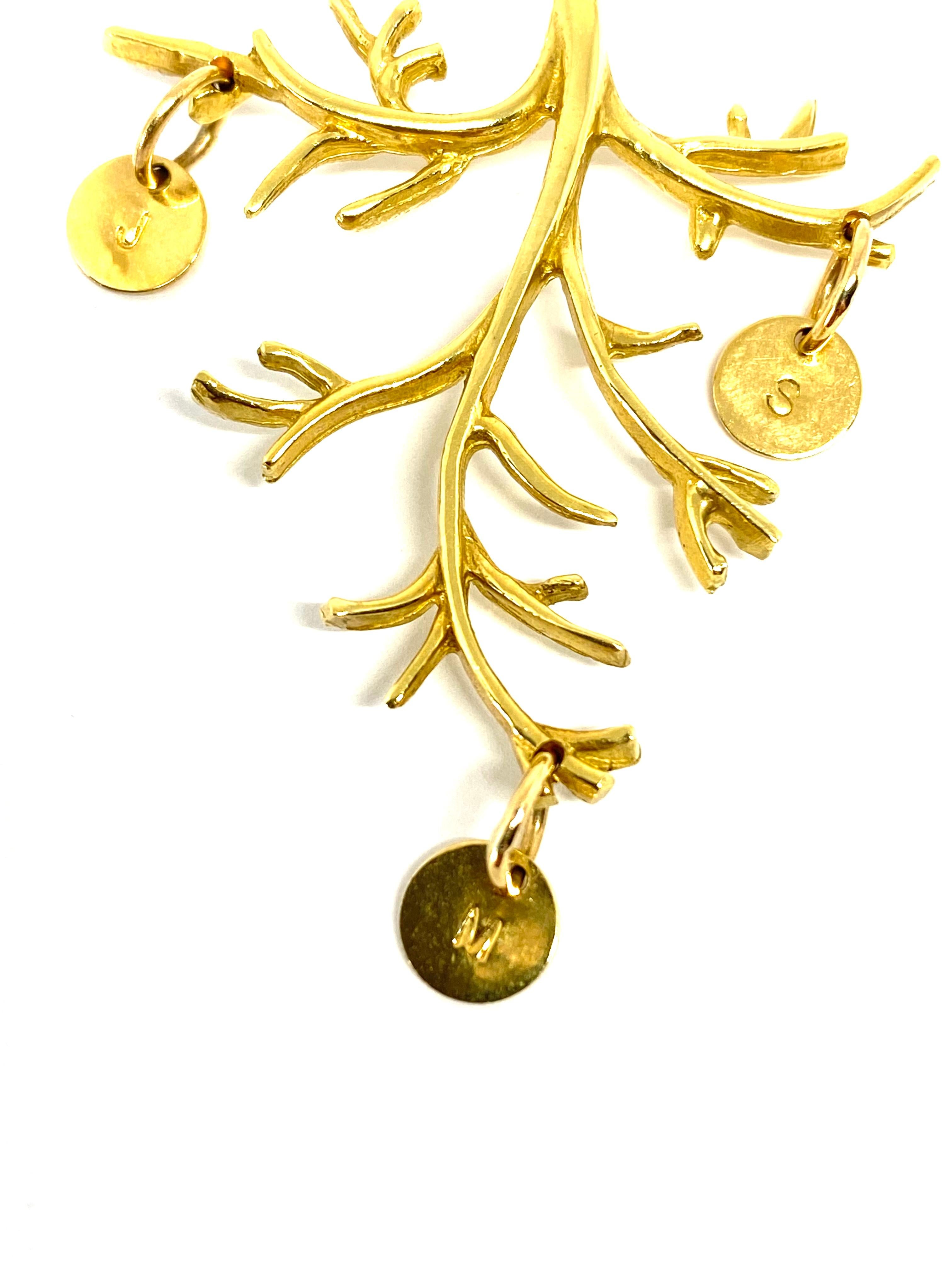 Jennifer Fisher 18k Yellow Gold Branch Pendant w/ J M S Initial

Product details:
750 18K yellow gold
Branch pendant with three small rounded coin like charms stamped with J, M, S on the front and designer signature JF on the back
Total weight is