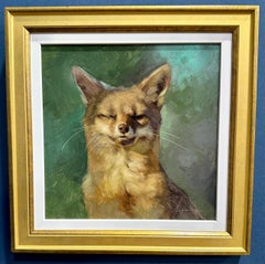 American realist portrait of a fox, squinting into the light