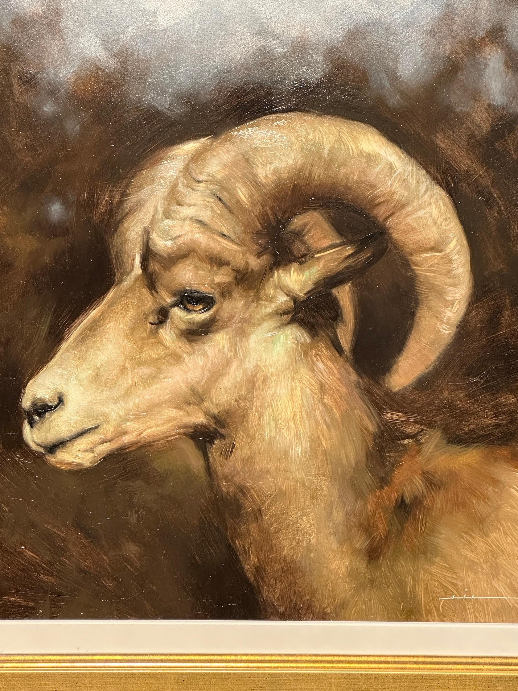 American realist portrait of a Ram in profile in a landscape - Painting by Jennifer Gennari