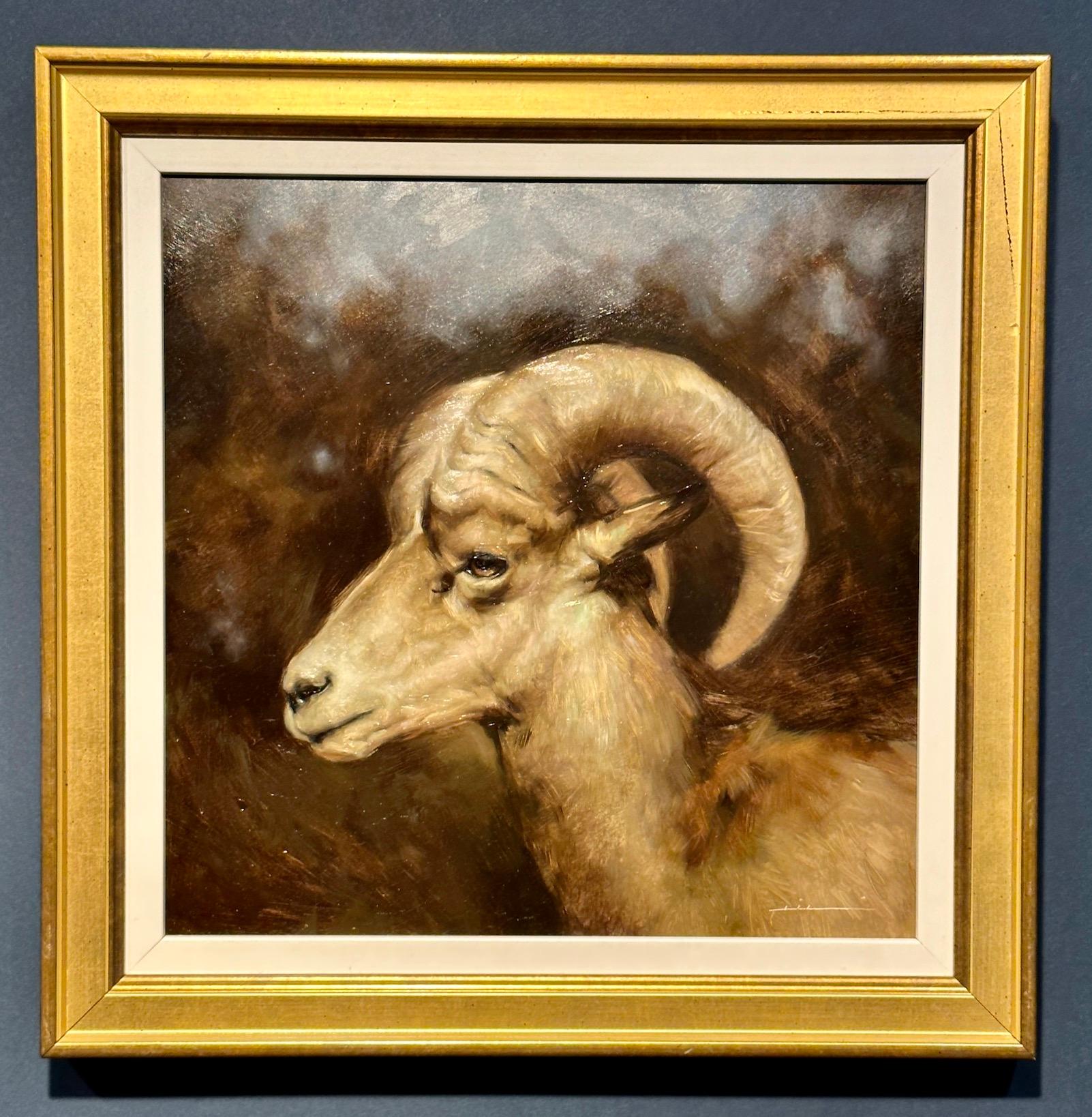 Jennifer Gennari Animal Painting - American realist portrait of a Ram in profile in a landscape