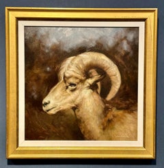 American realist portrait of a Ram in profile in a landscape