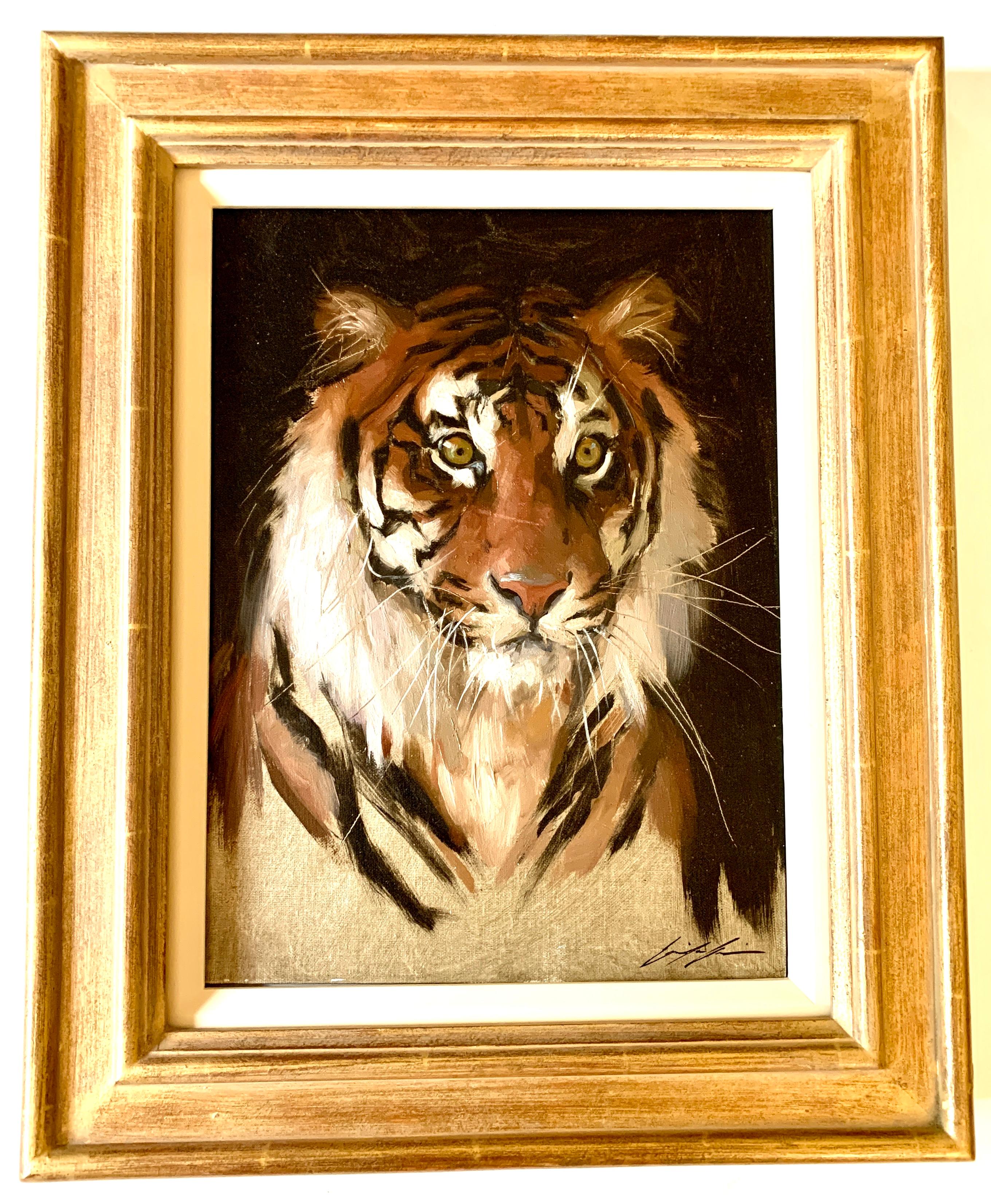 Jennifer Gennari Portrait Painting - Portrait of a Tiger, looking at the painter/artist