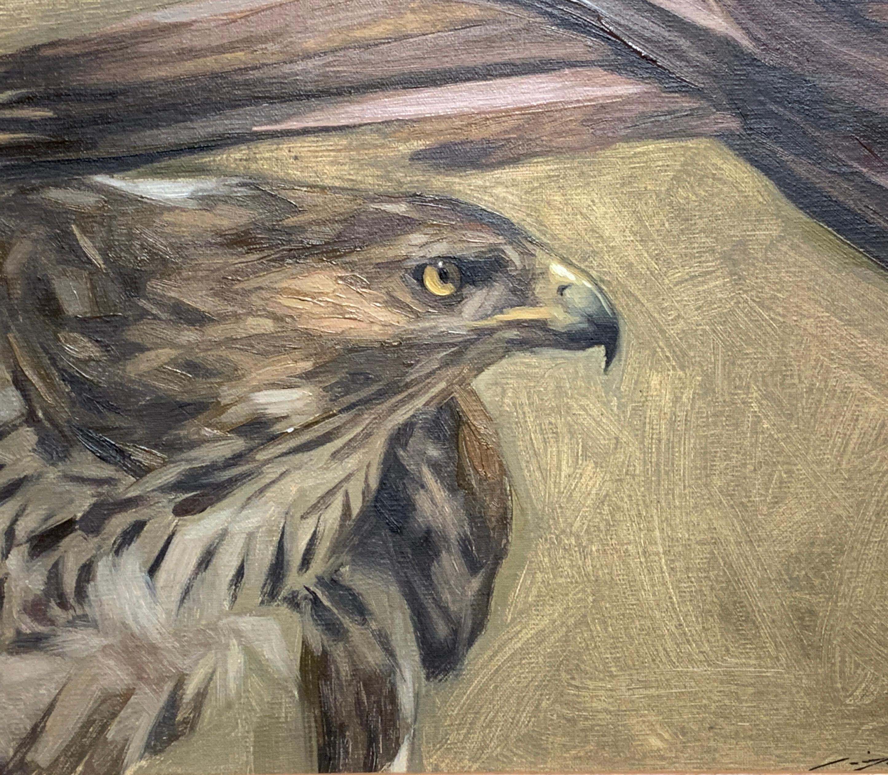 Portrait of an American Eagle in a landscape.With wonderful feathering. - Painting by Jennifer Gennari