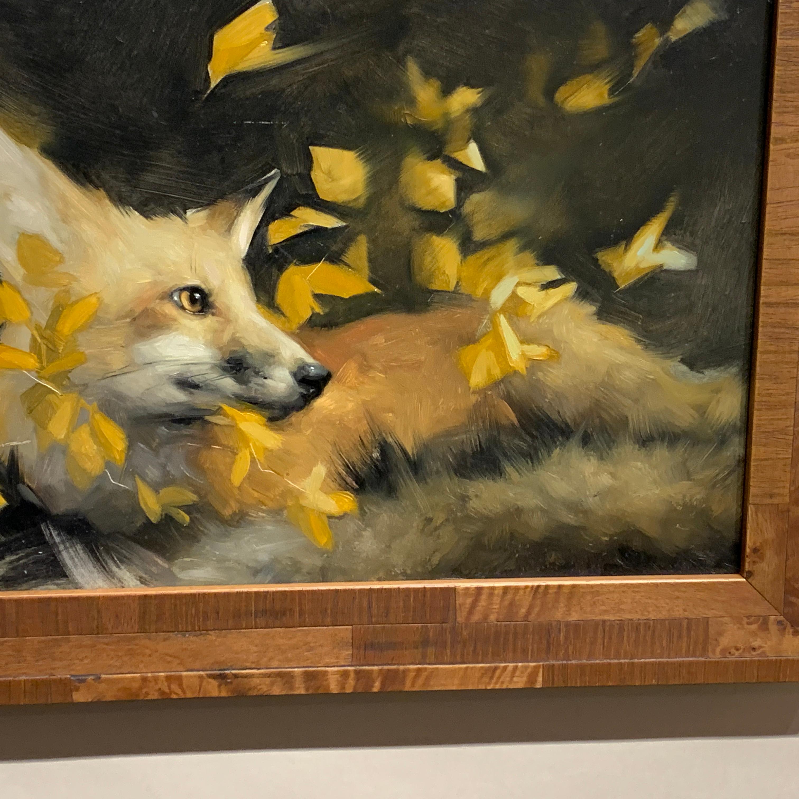 Portrait of an American Fox Cub or Pup  with the wind blowing the leaves at fall - Painting by Jennifer Gennari