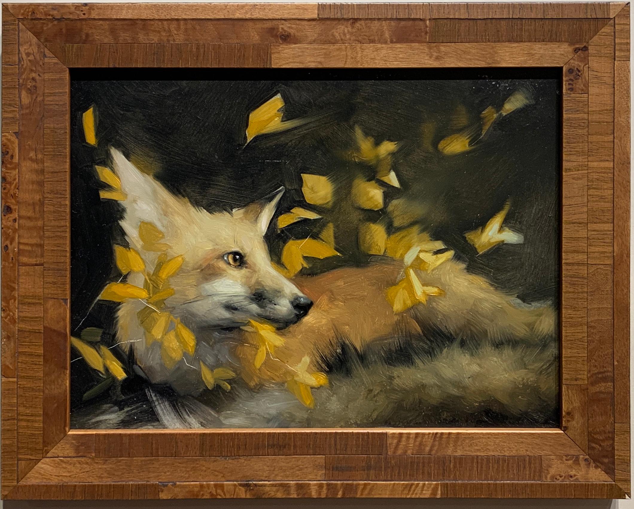 Jennifer Gennari Animal Painting - Portrait of an American Fox Cub or Pup  with the wind blowing the leaves at fall