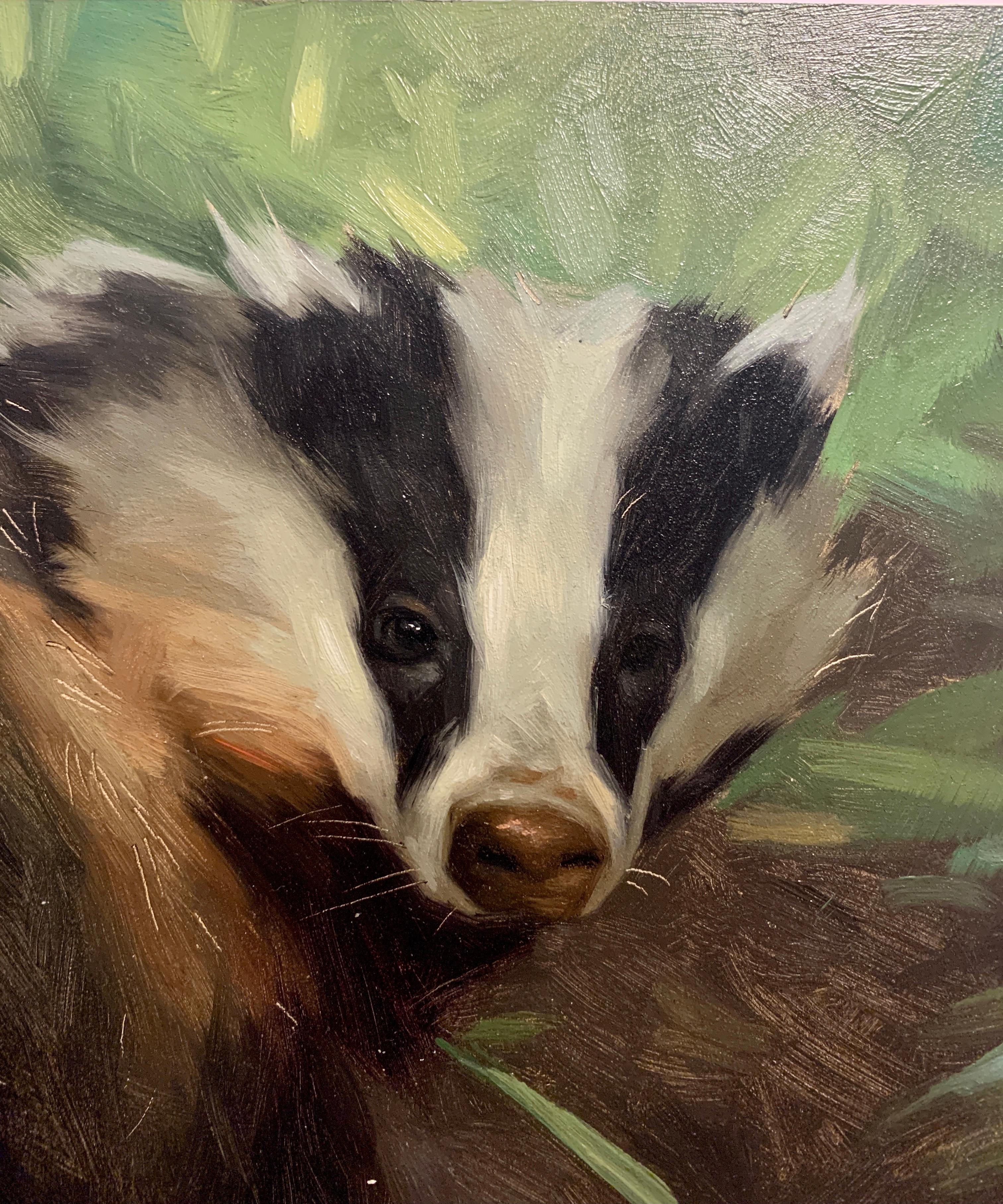 Realistic portrait study of an American Badger in a landscape - Painting by Jennifer Gennari