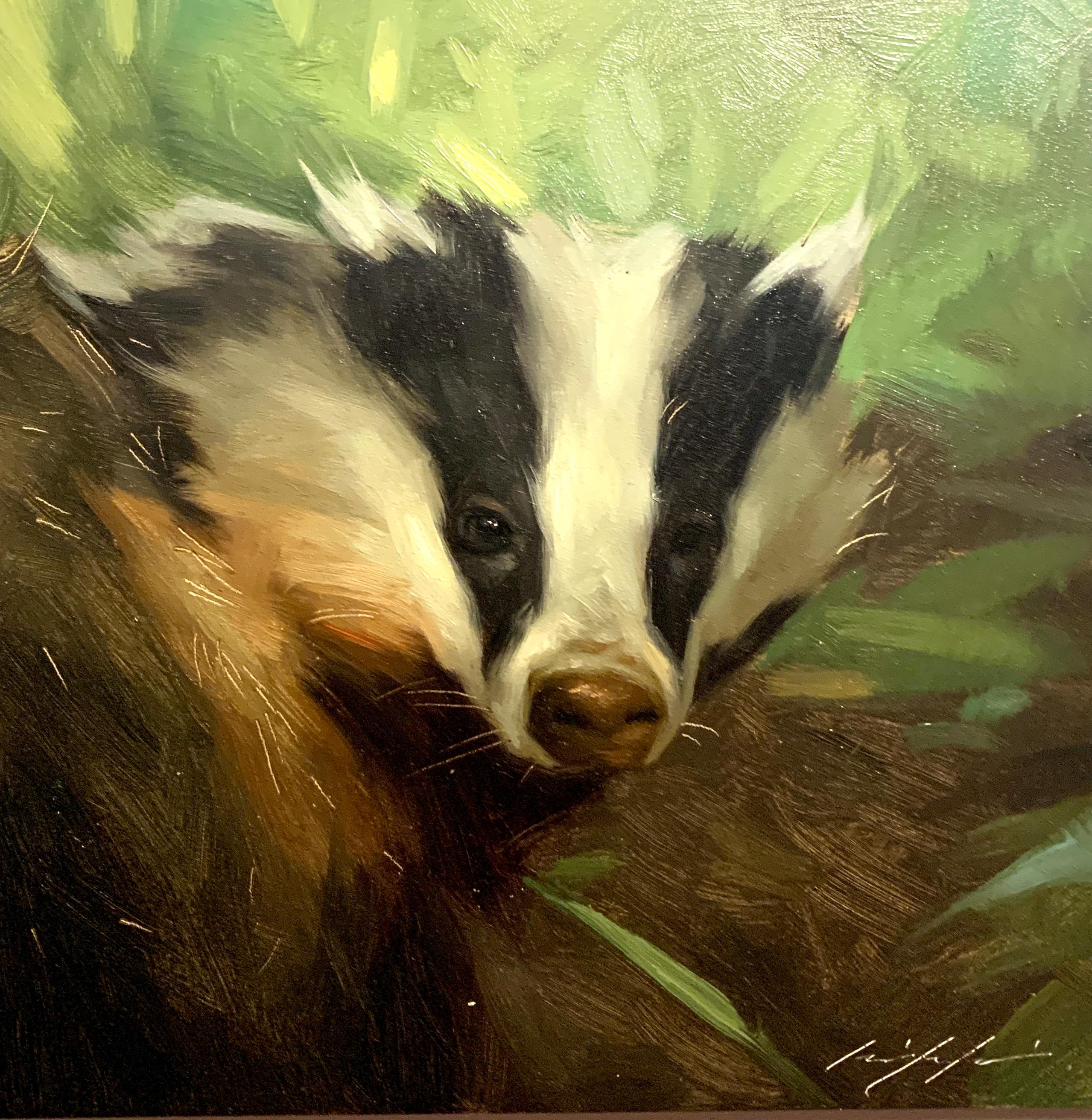 Jennifer Gennari Animal Painting - Realistic portrait study of an American Badger in a landscape