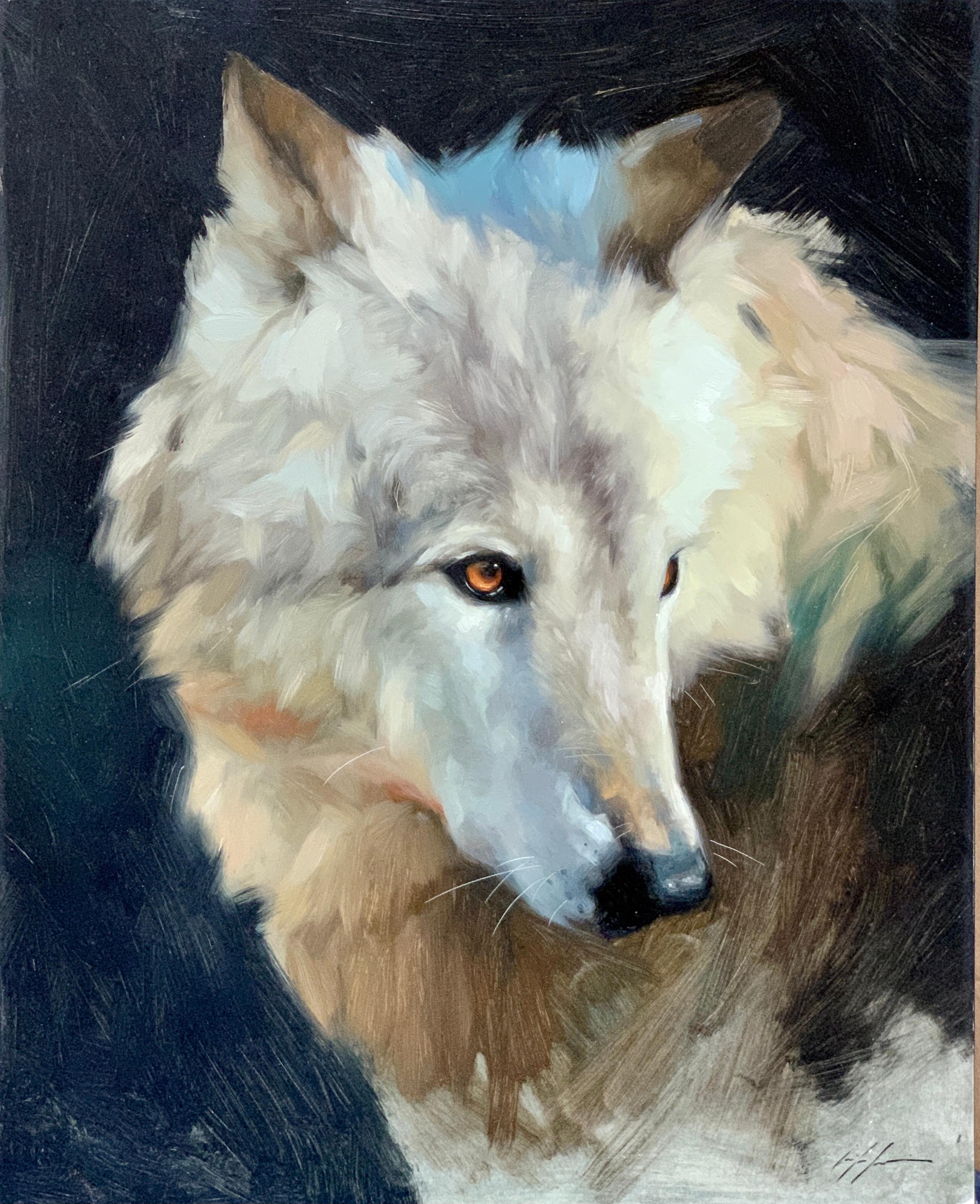 Realistic portrait study of an American Wolf, in a landscape - Painting by Jennifer Gennari