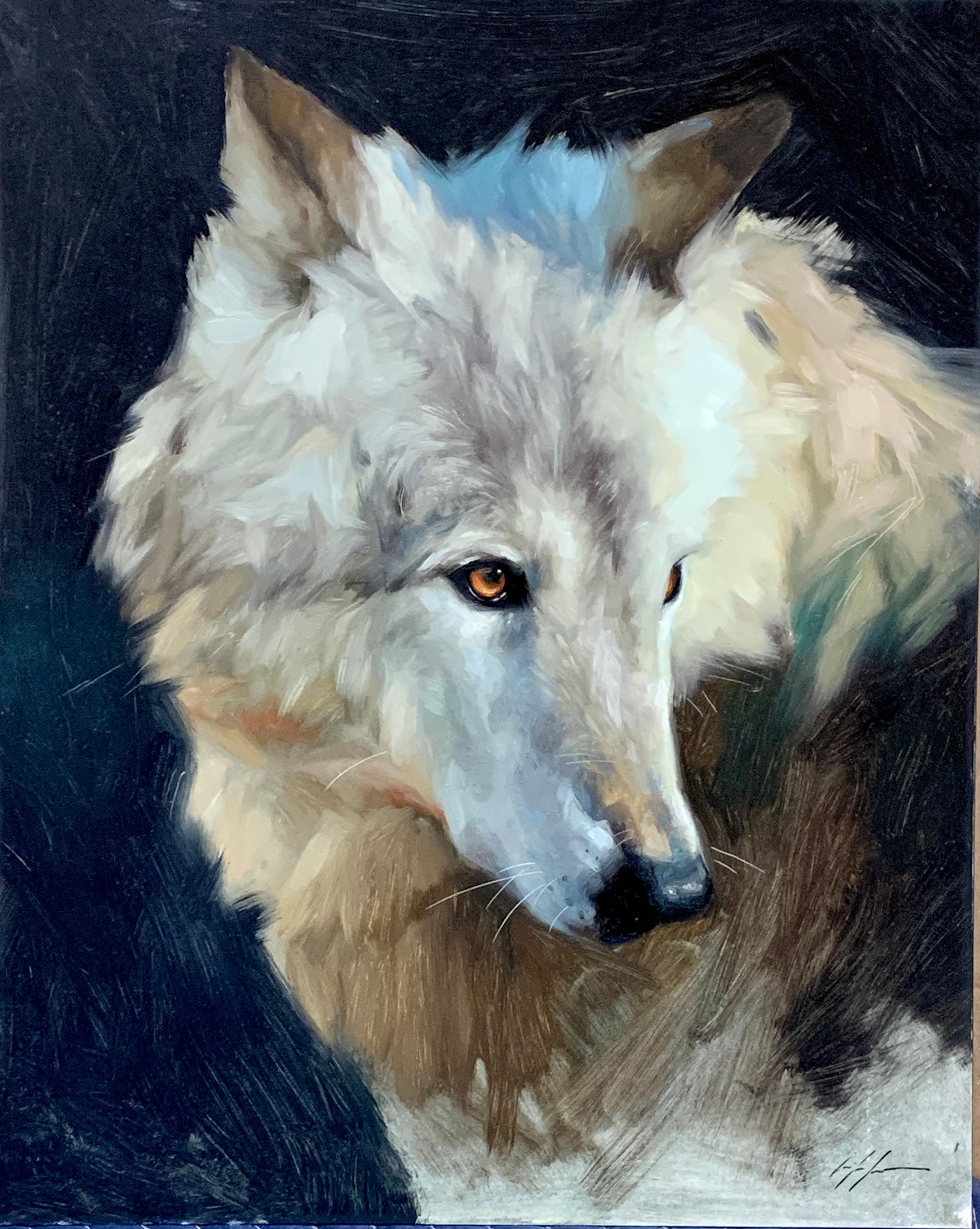 Jennifer Gennari Animal Painting - Realistic portrait study of an American Wolf, in a landscape