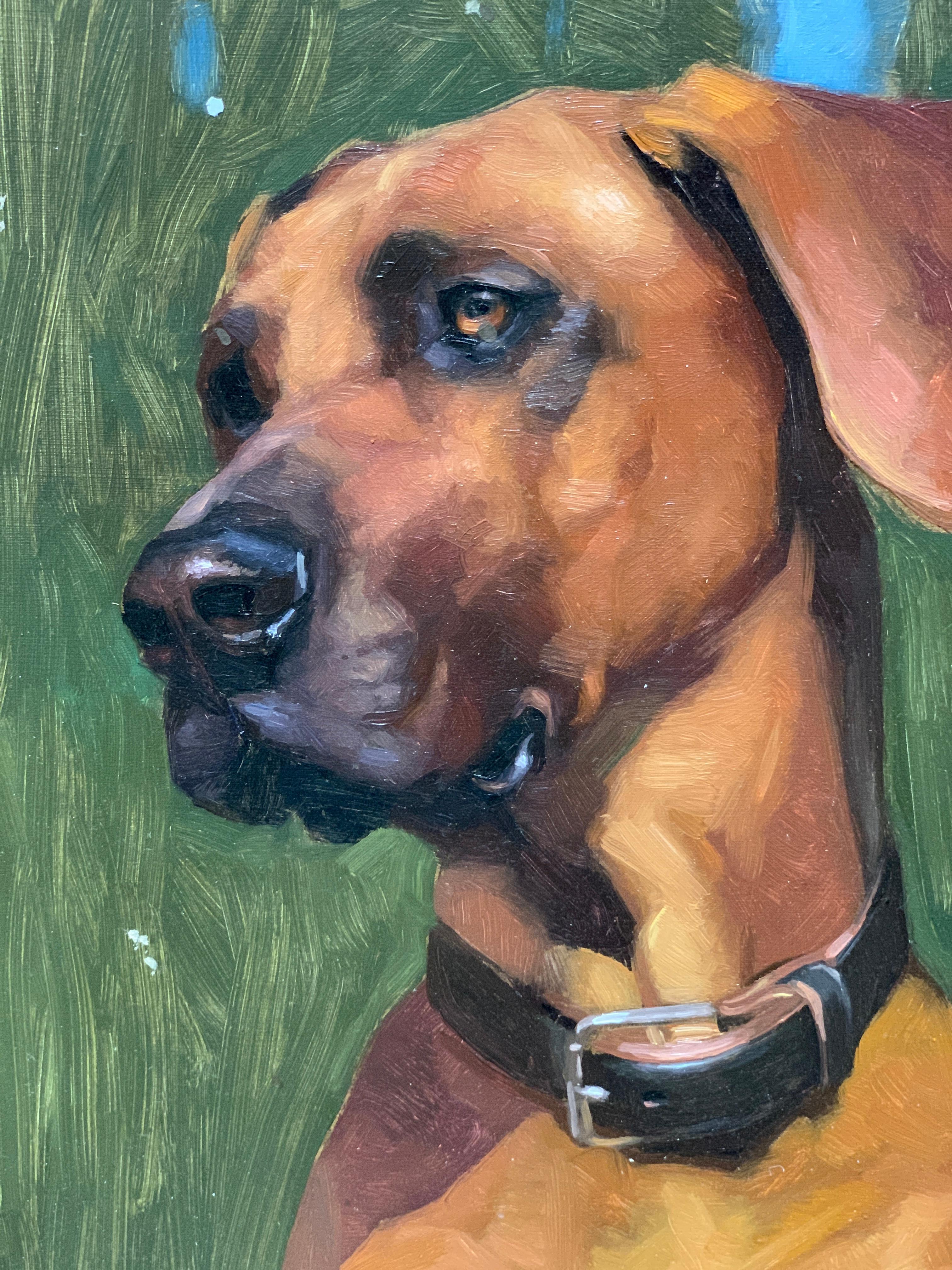 Stunning 21st century American realist portrait of a an American Boxer mix dog - Painting by Jennifer Gennari