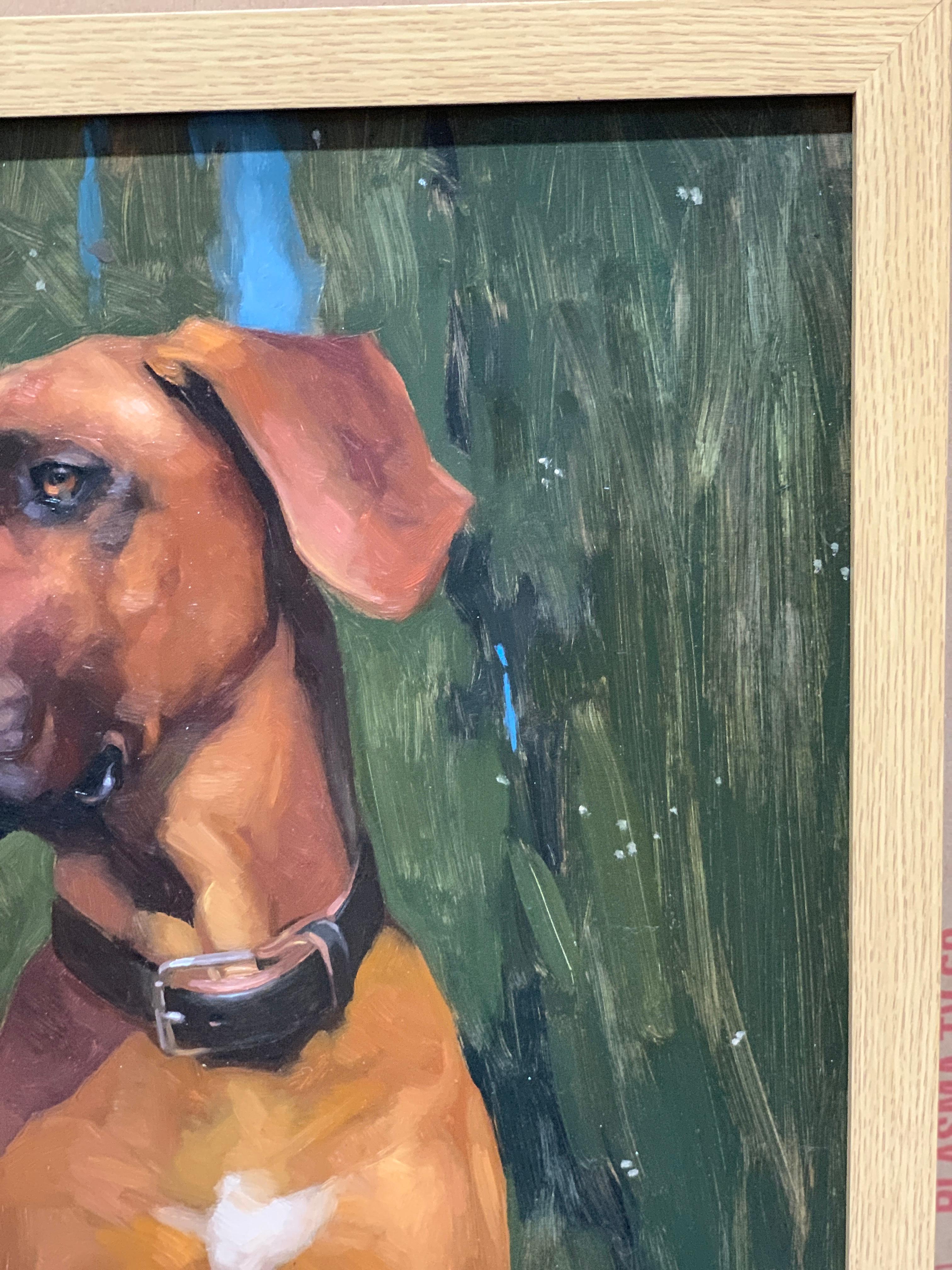 Stunning 21st century American realist portrait of a an American Boxer mix dog - American Realist Painting by Jennifer Gennari