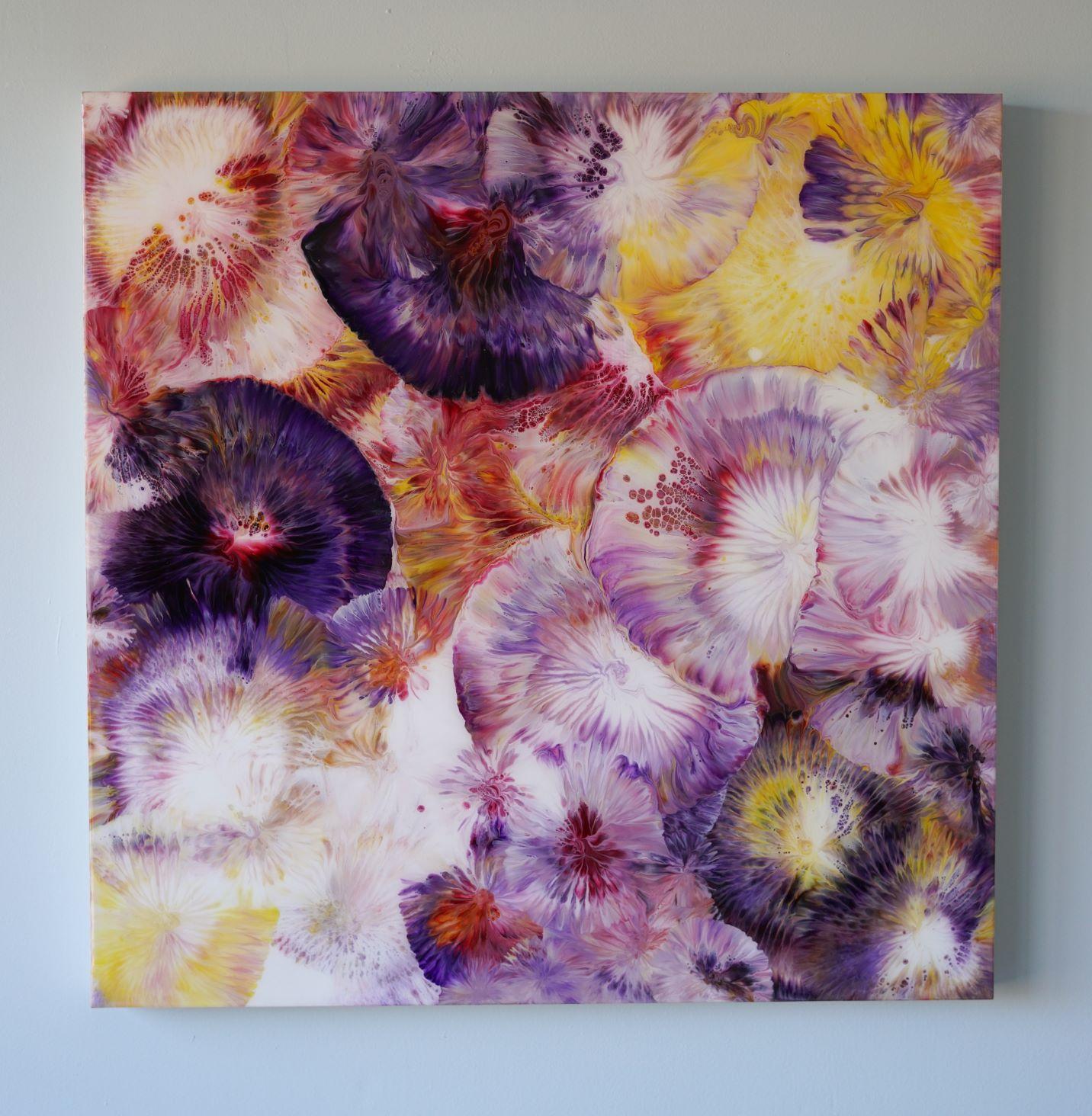 Celebrate No. 10 by Jennifer Glover Riggs is an acrylic and Resin painting on Wood.  It is 30 x 30 .  It filled with purple and yellow colors and movement.

Glover Riggs is best known for creating organic looking multi layered artworks with acrylic
