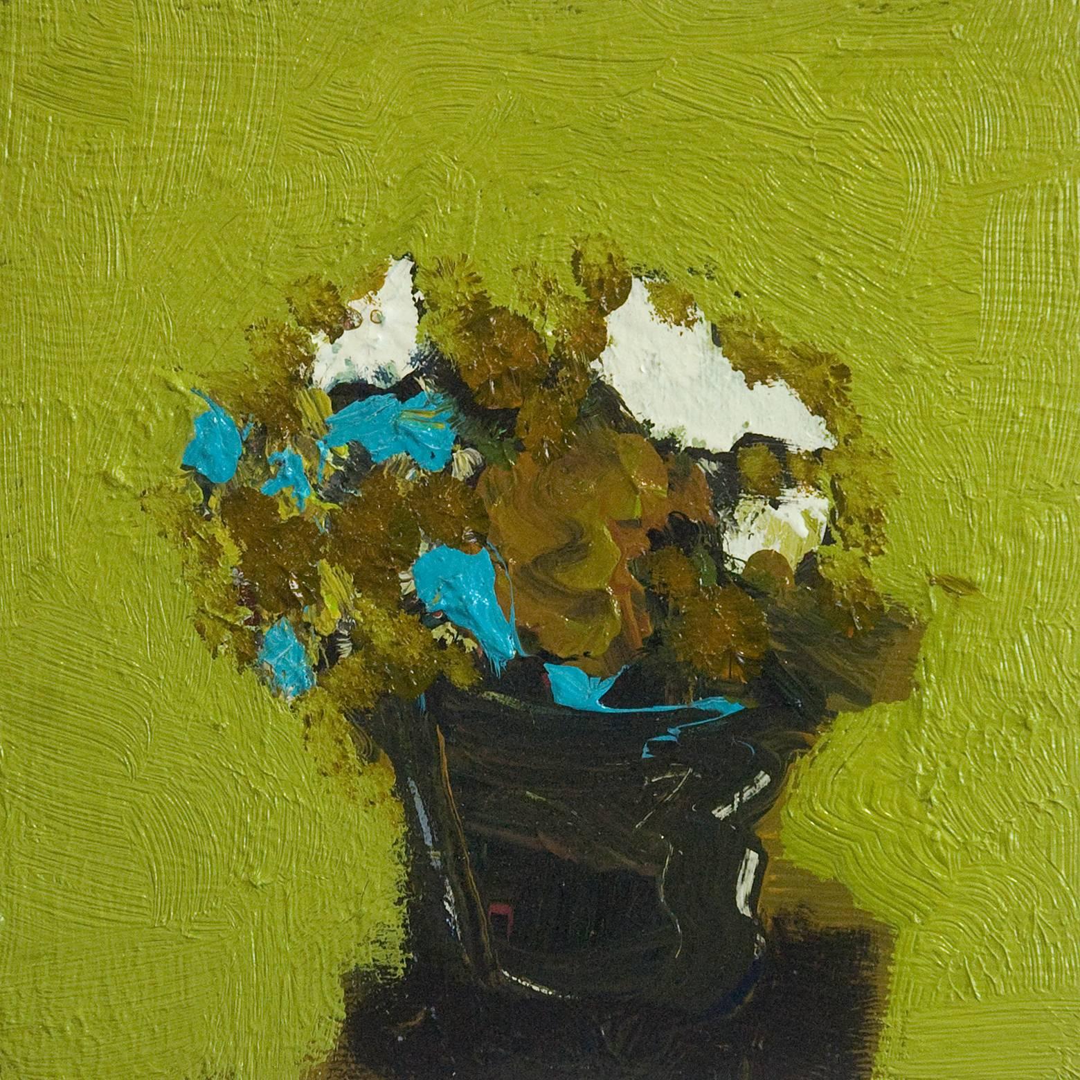 Blue Urchin with Celadon - small green, blue, white figurative still life oil - Painting by Jennifer Hornyak