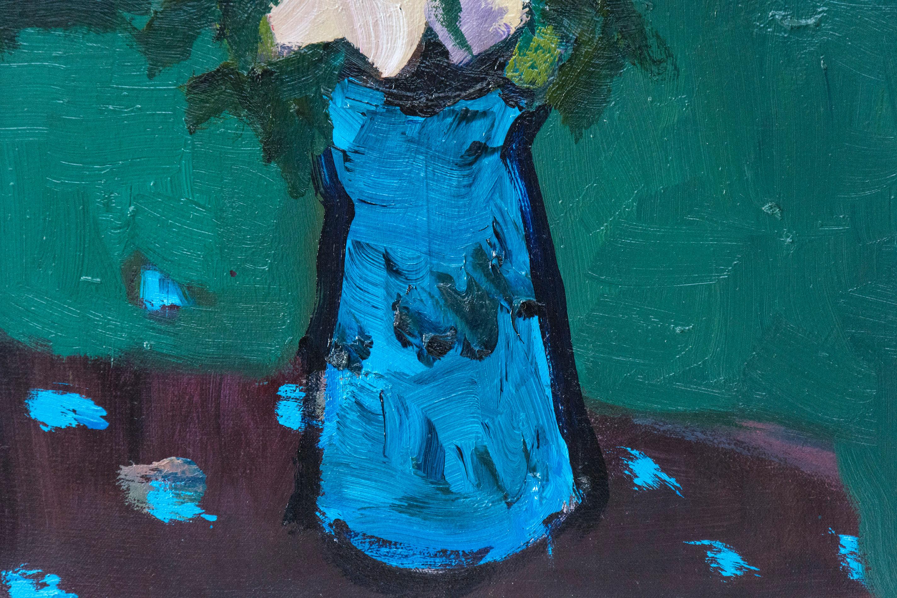 Blue with Alizarin Brown - small blue, pink, green, figurative still life oil - Contemporary Painting by Jennifer Hornyak