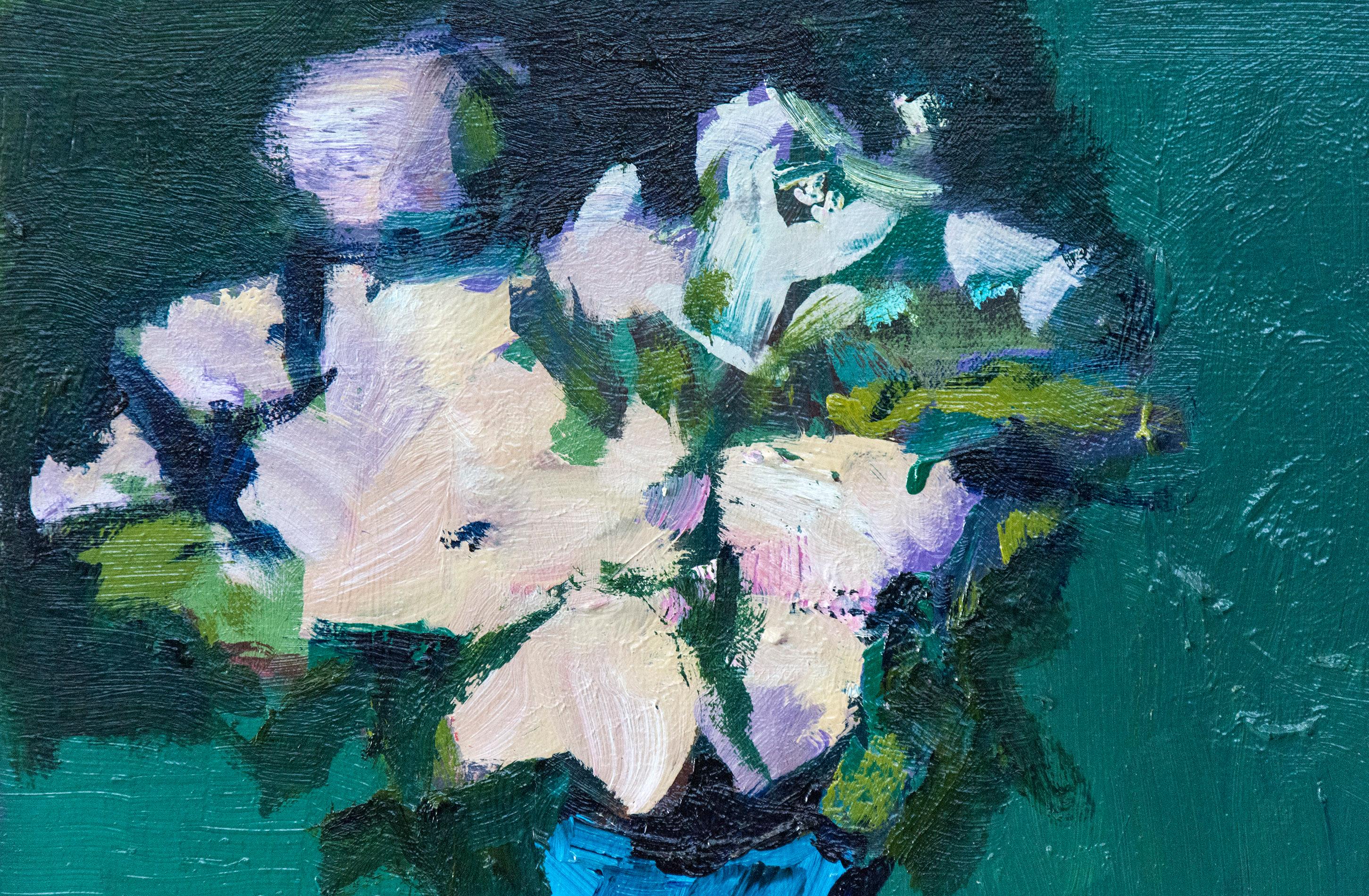 A blue vase with flowers of pink and mauve is framed by passages of green and brown in this modernist still life by Jennifer Hornyak. Framed dimensions are 18.5 x 18.5 inches.

 Inspired by German Expressionism and the French Fauvist masters such as