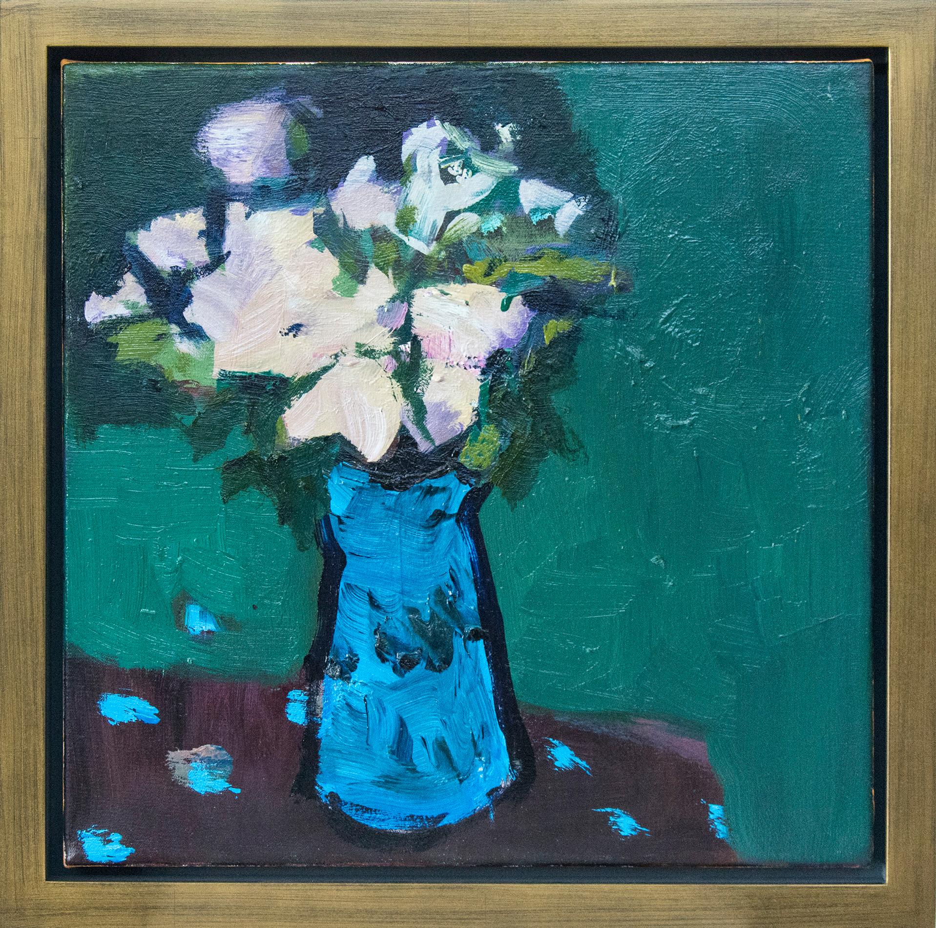 Jennifer Hornyak Still-Life Painting - Blue with Alizarin Brown - small blue, pink, green, figurative still life oil