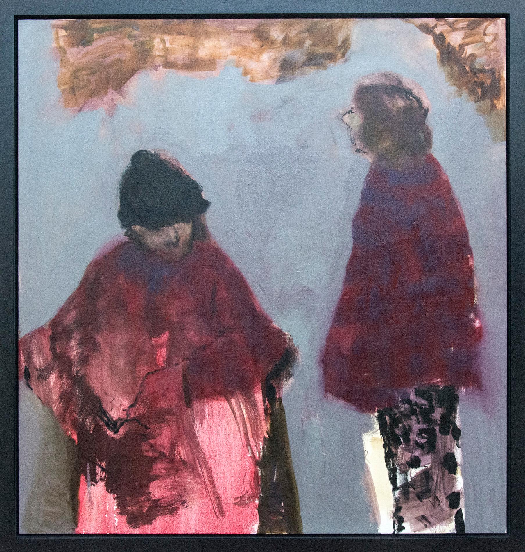Connecting Red With Grey - large pink, blue, brown, figurative women oil