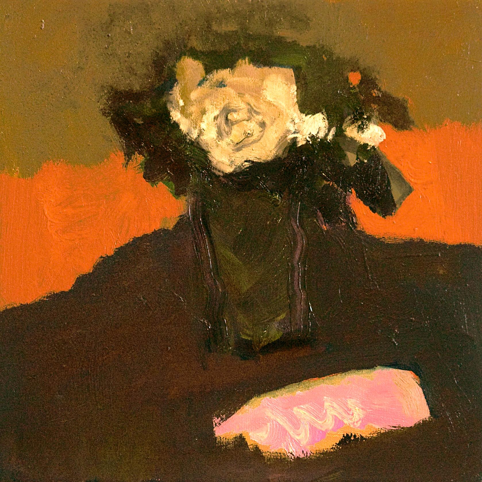 Cream Rose with Pink - small dark green, orange, figurative still life oil - Contemporary Painting by Jennifer Hornyak