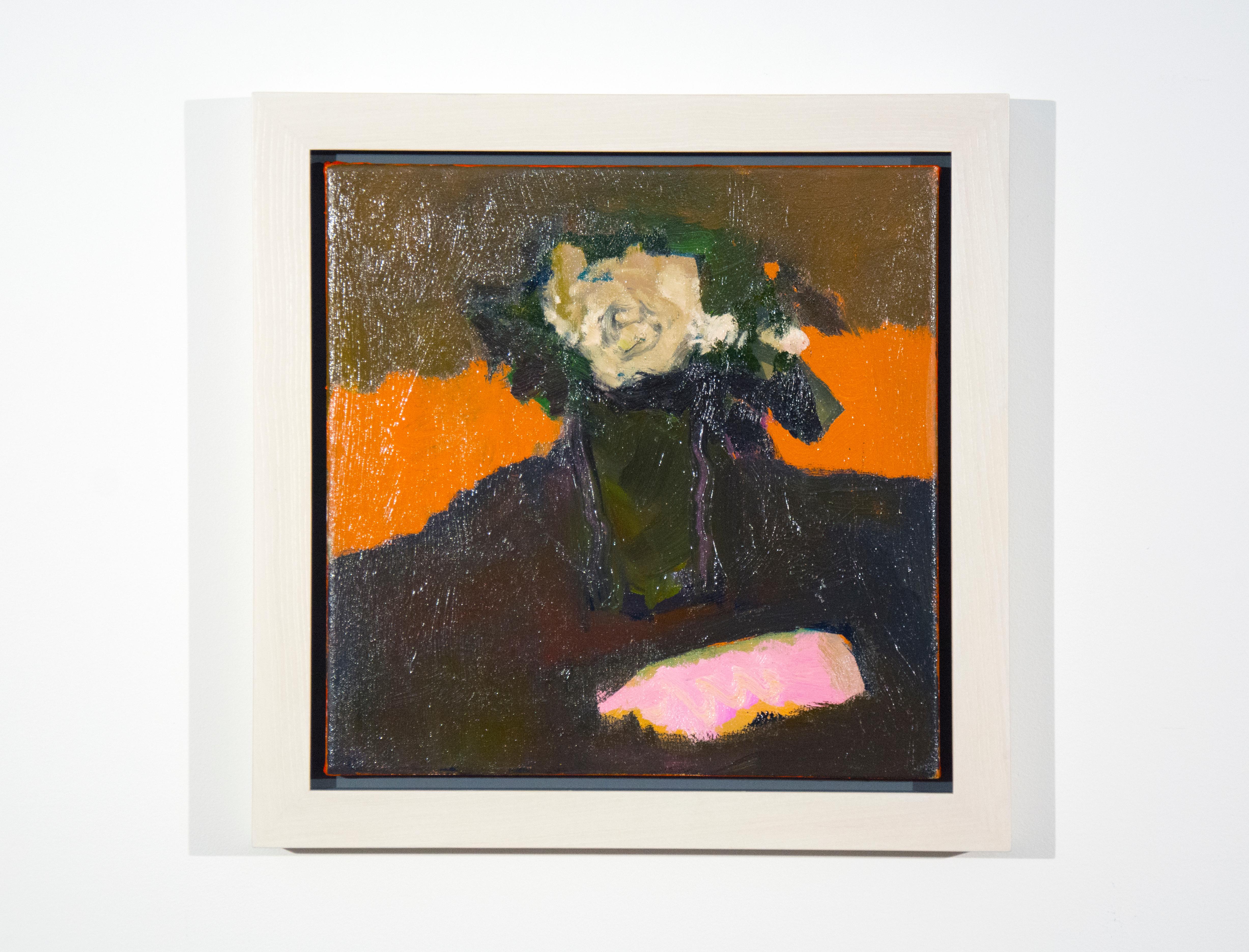 Cream Rose with Pink - small dark green, orange, figurative still life oil - Contemporary Painting by Jennifer Hornyak