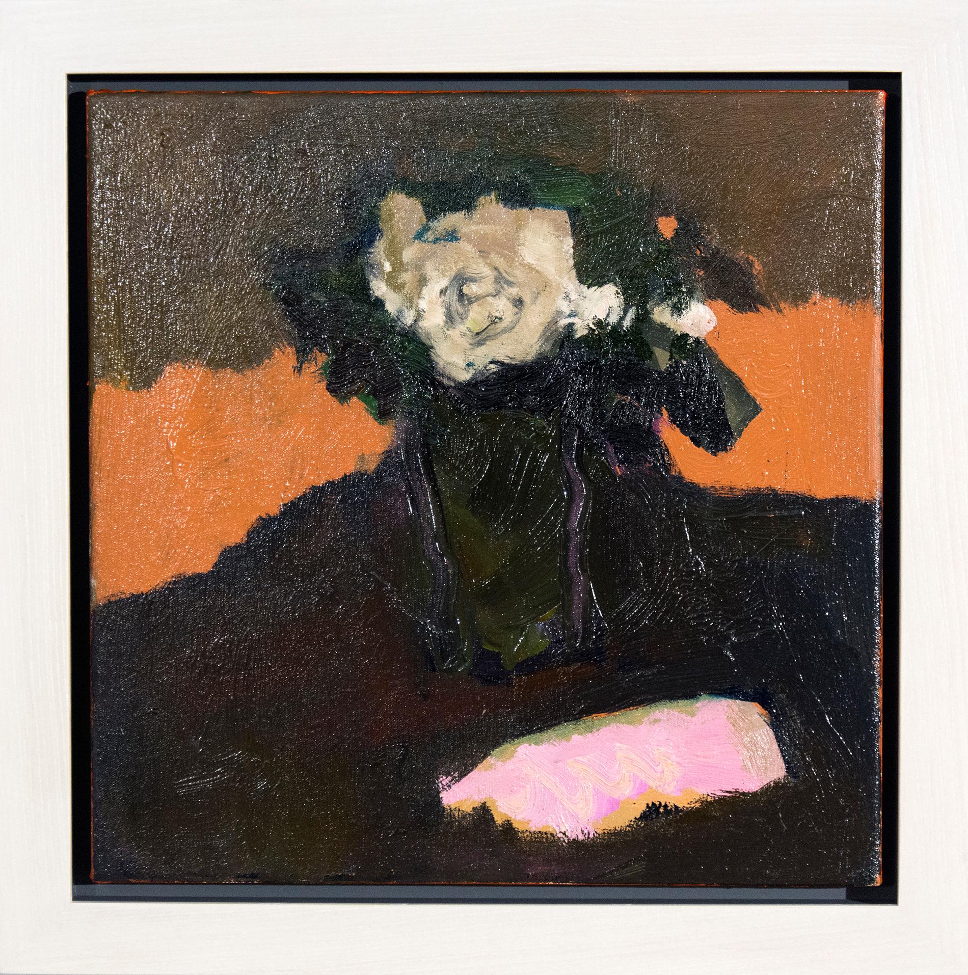 Jennifer Hornyak Still-Life Painting - Cream Rose with Pink - small dark green, orange, figurative still life oil