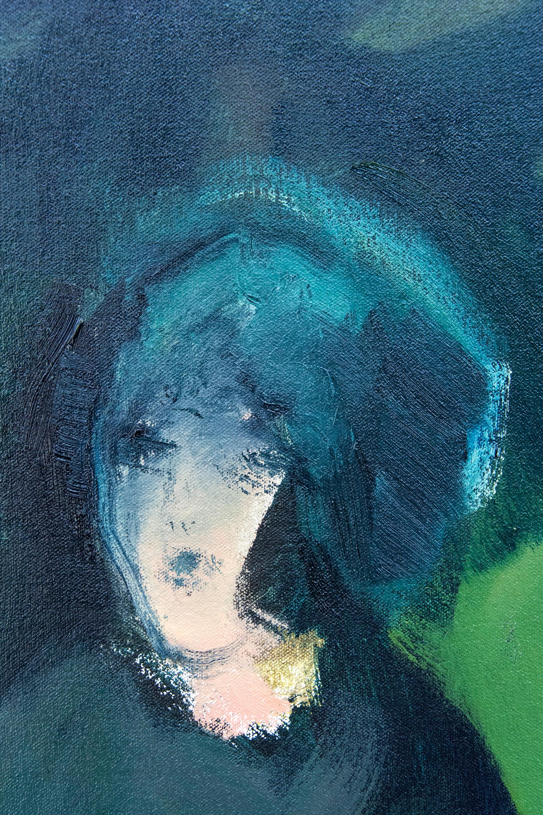 Grande huile de nature morte figurative verte, bleue, jaune, représentant une femme - Painting de Jennifer Hornyak