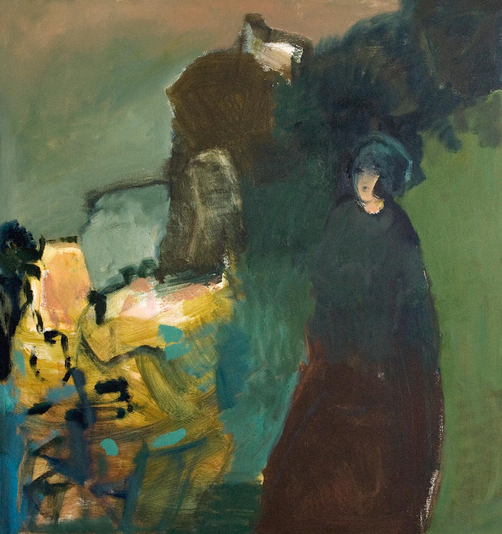 Grande huile de nature morte figurative verte, bleue, jaune, représentant une femme en vente 1