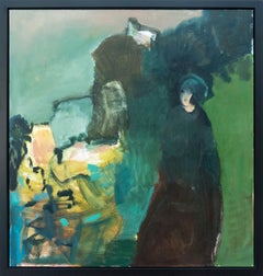 Grande huile de nature morte figurative verte, bleue, jaune, représentant une femme