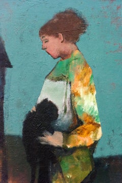 Girl with Black Cat and Silver Moon - large, rich, figurative oil on canvas