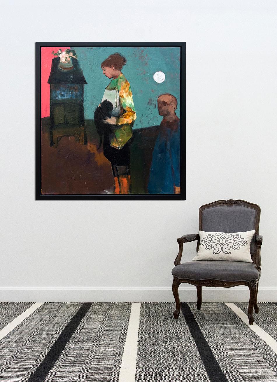 Girl with Black Cat and Silver Moon - large, rich, figurative oil on canvas For Sale 1
