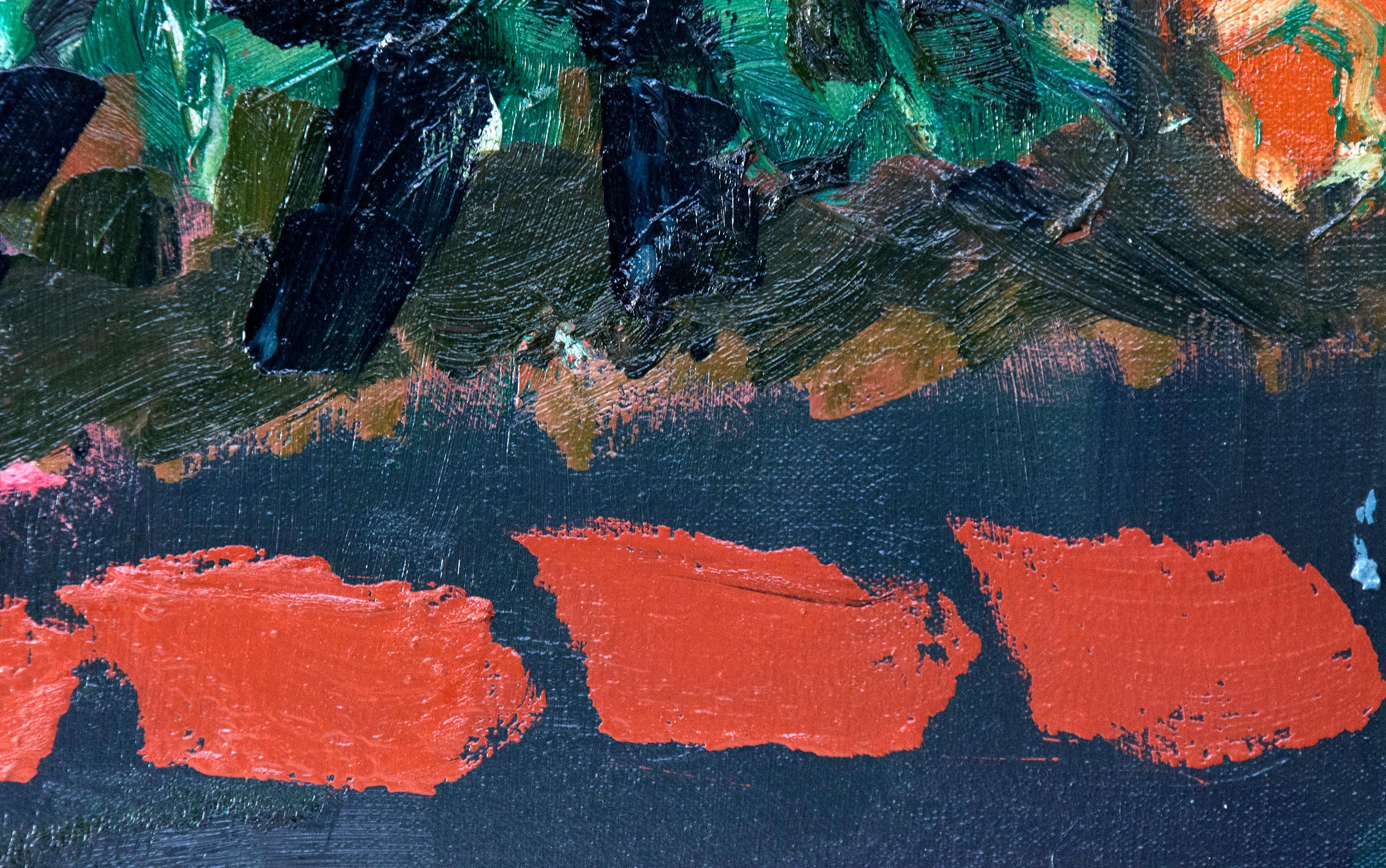Going by Trees in Spring - petit paysage abstrait vert sarcelle, bleu, rouge, huile - Painting de Jennifer Hornyak
