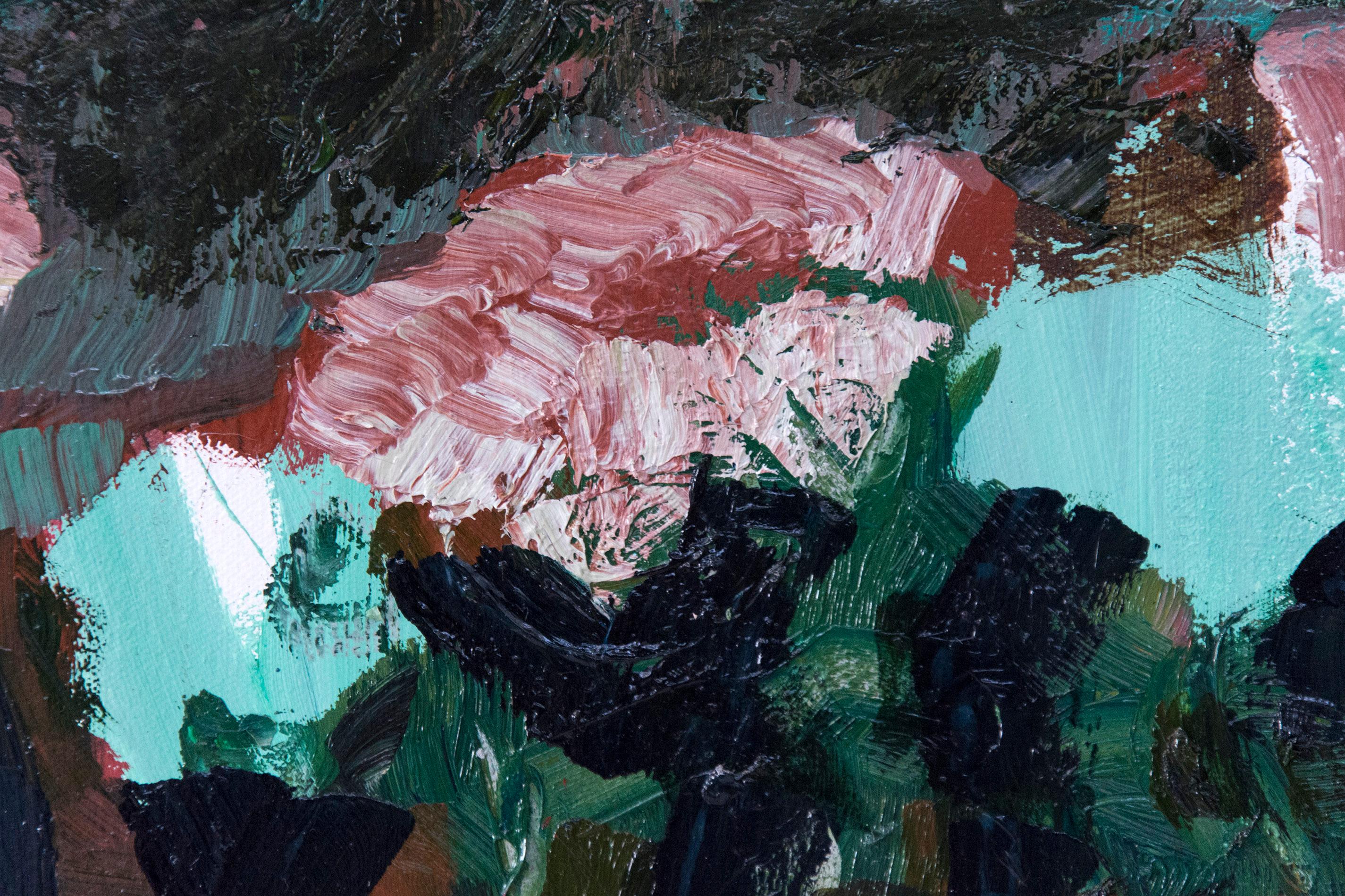 Going by Trees in Spring - petit paysage abstrait vert sarcelle, bleu, rouge, huile - Contemporain Painting par Jennifer Hornyak