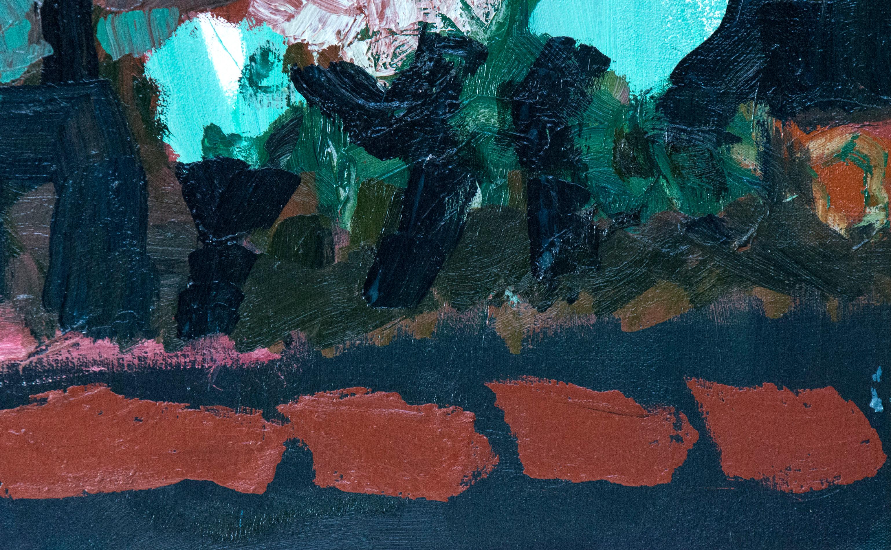 Les formes superposées d'une route pavée, d'arbres turquoise et du ciel frôlent l'abstraction dans ce paysage ludique de Jennifer Hornyak. Les dimensions encadrées sont de 19 x 19 pouces.

Inspirée par l'expressionnisme allemand et les maîtres