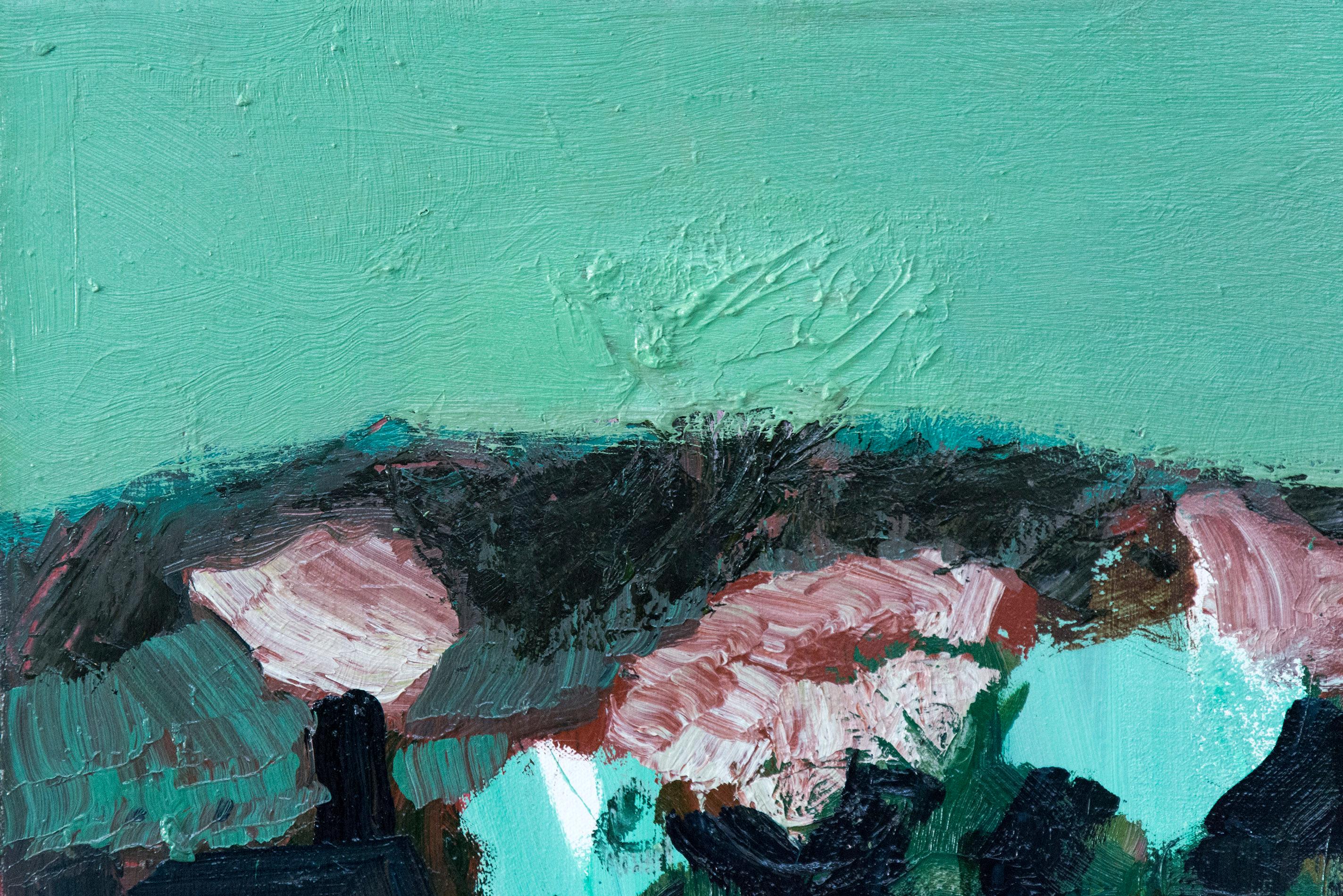 Going by Trees in Spring - kleines tealgrünes, blaues, rotes, abstraktes Landschaftsgemälde im Angebot 1