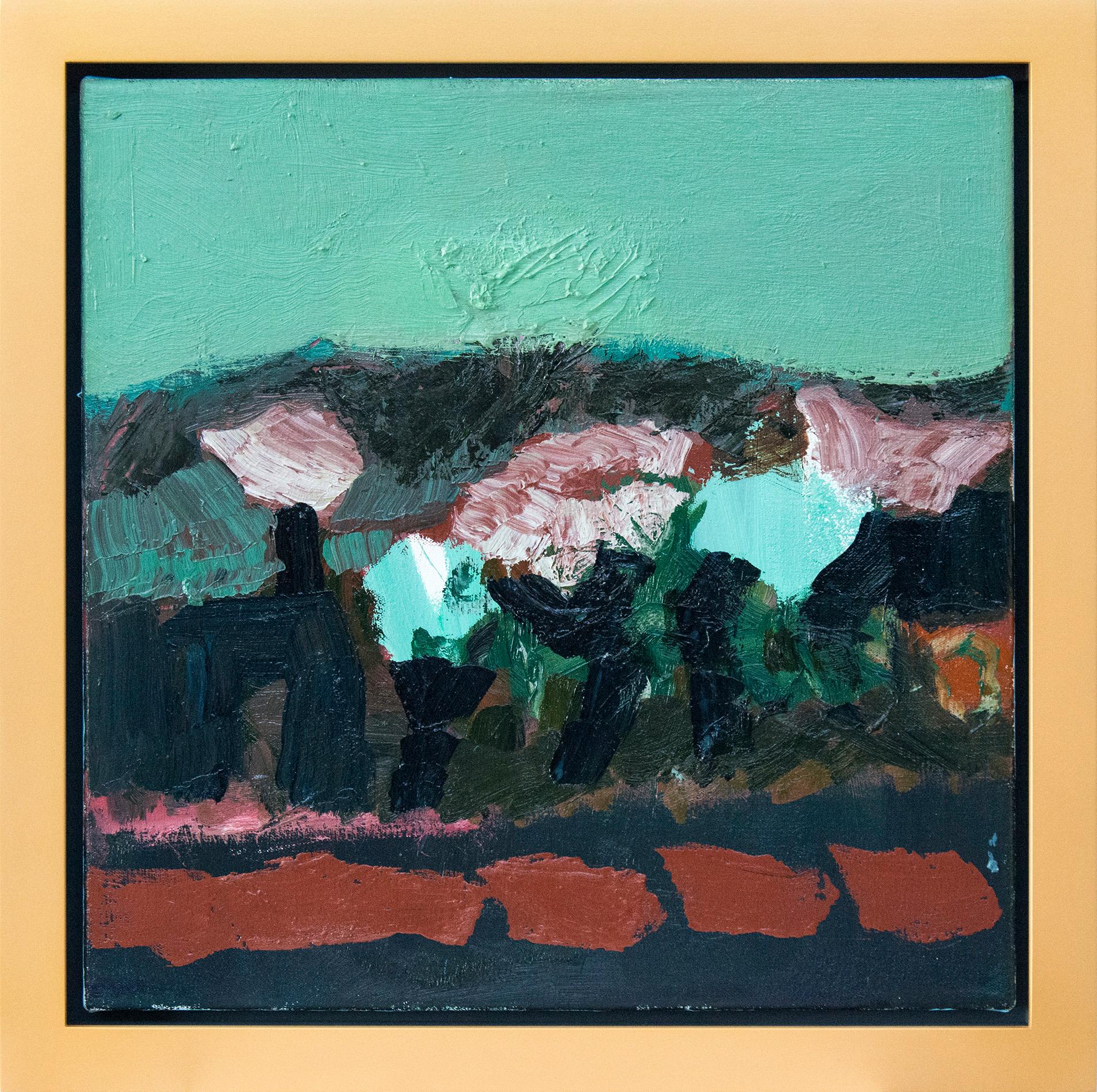 Landscape Painting Jennifer Hornyak - Going by Trees in Spring - petit paysage abstrait vert sarcelle, bleu, rouge, huile