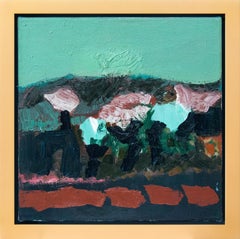 Pasando junto a los árboles en primavera - pequeño óleo verde azulado, azul, rojo, paisaje abstracto