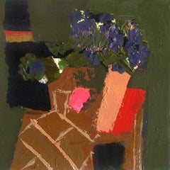 Hyacinth Blue with Black - small dark green, pink, brown floral still life oil