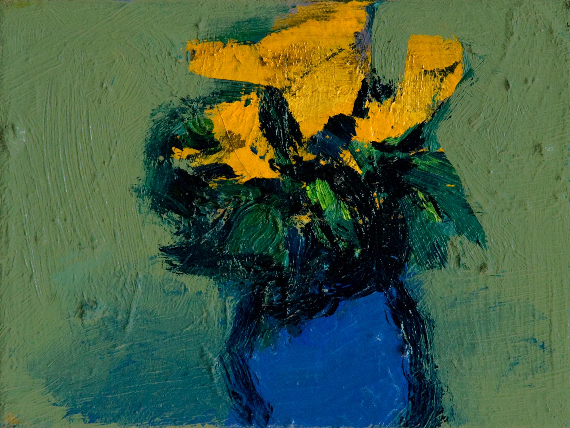 Jennifer Hornyak Abstract Painting - Mustard Yellow with Blue