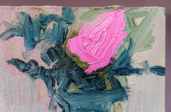 My Pink with Blue Grey - kleines, helles, farbenfrohes, geblümtes Stillleben Ölgemälde