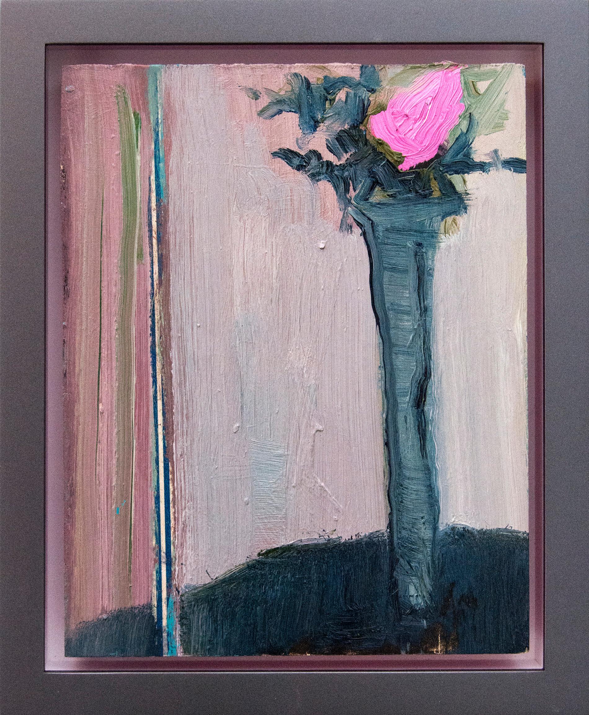 My Pink with Blue Grey - small bright, colourful, floral still life oil