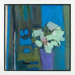 Pink Flower with Green and Bronze - elegant textured florals, still life oil