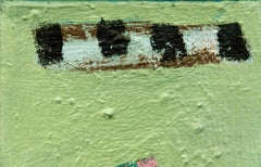 Tulipano rosa con verde mela - piccolo, luminoso, floreale, figurativo, natura morta ad olio