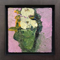 Pink With Sage Green - small, pink, green, floral, figurative still life oil