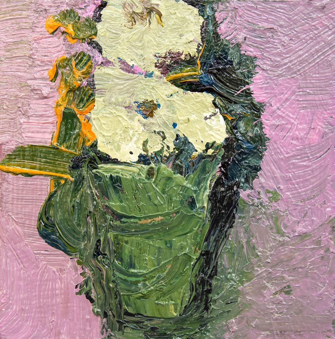 Pink With Sage Green - small, pink, green, floral, figurative still life oil - Painting by Jennifer Hornyak