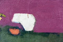 Rosa con scapo giallo - piccolo, verde scuro, viola, floreale, natura morta, olio