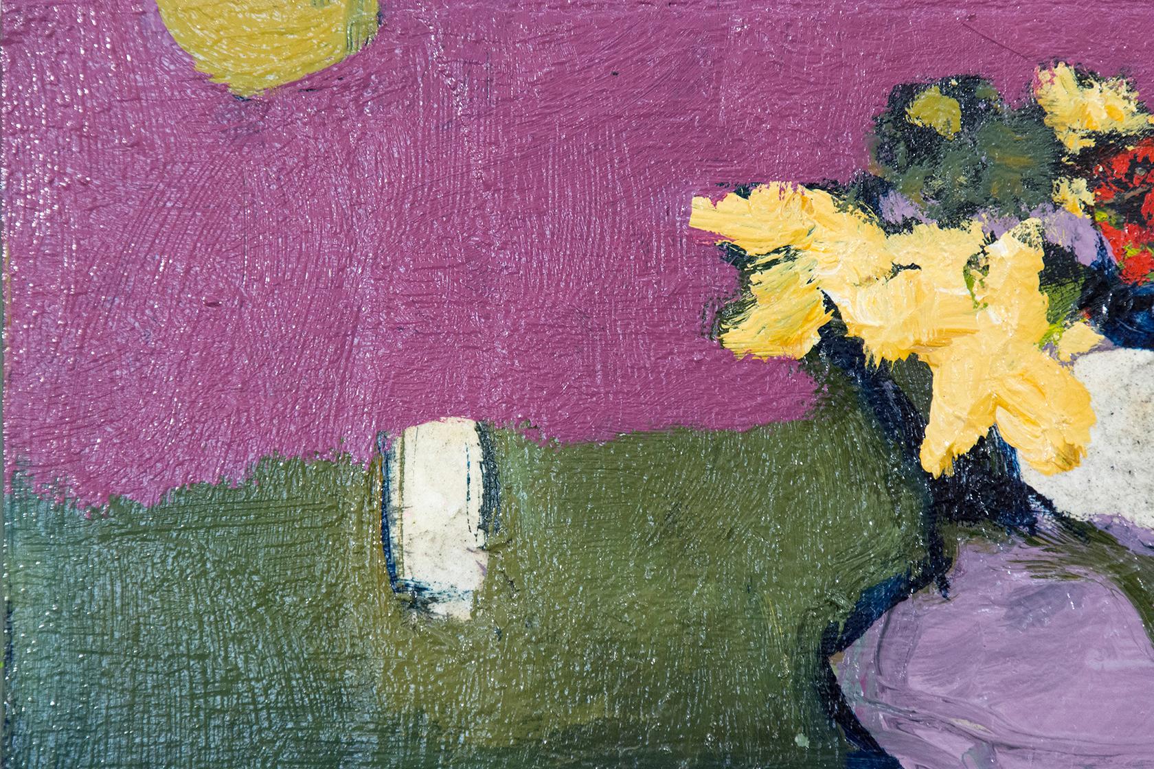 Pink with Yellow Scape - small, dark green, purple, floral, still life, oil - Contemporary Painting by Jennifer Hornyak