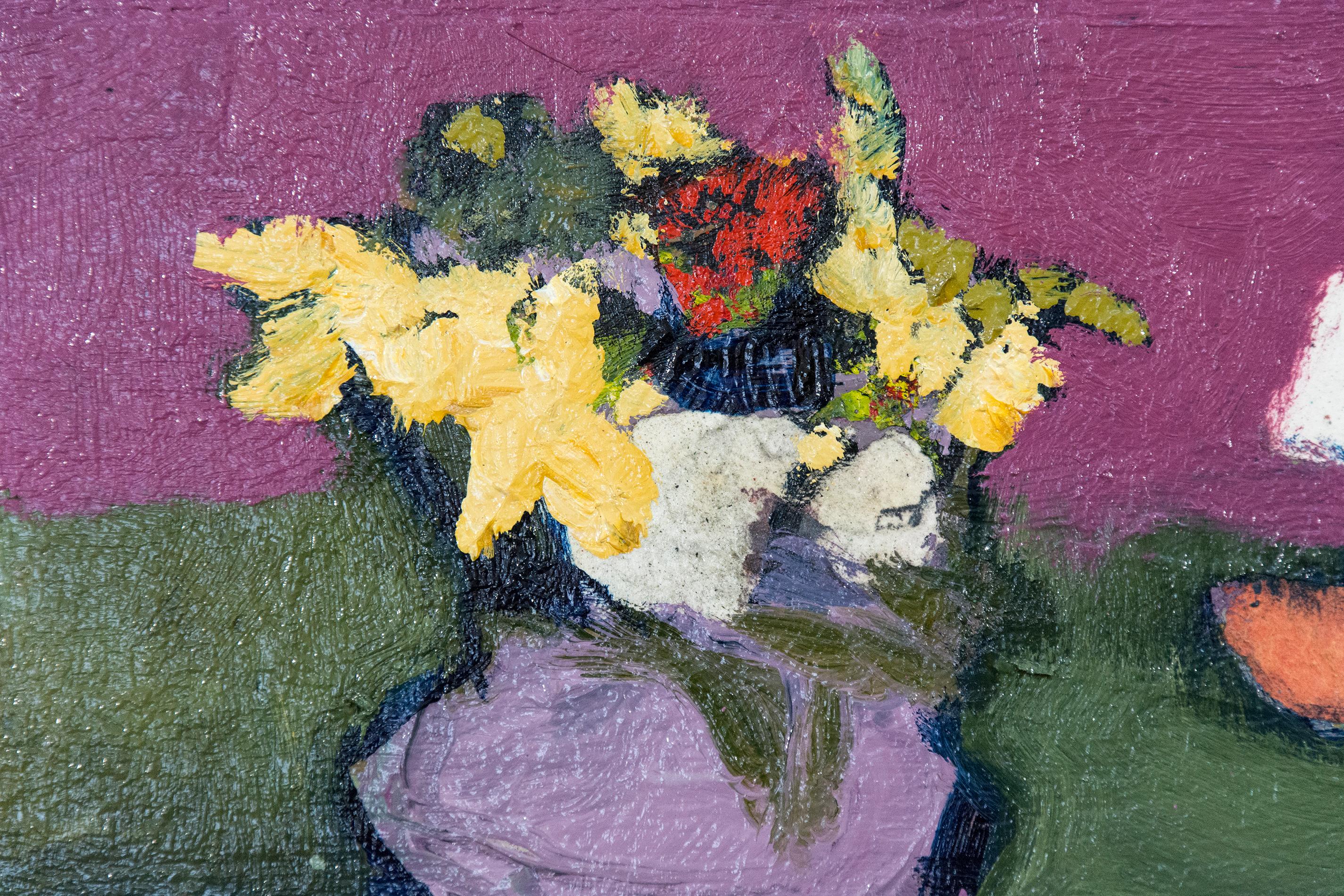 A bouquet of yellow in a vase of mauve sits in a landscape of forest green and magenta in this delightful oil by Jennifer Hornyak. Framed dimensions are 9 x 23.5 inches.

Inspired by German Expressionism and the French Fauvist masters such as