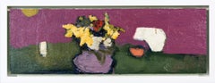 Pink with Yellow Scape - small, dark green, purple, floral, still life, oil
