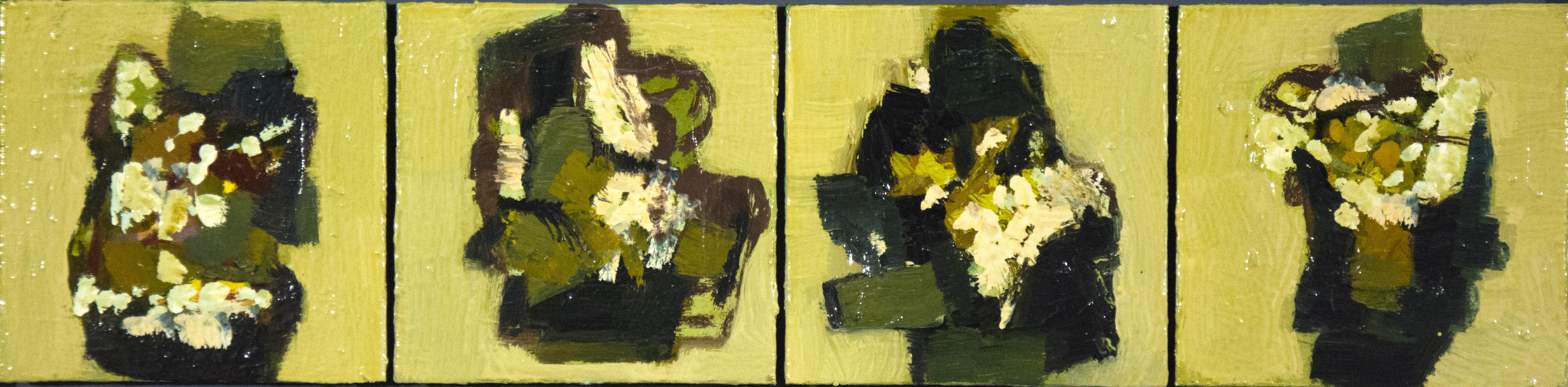 Quattro in Cream and White - four panel, green, yellow, floral, still life, oil