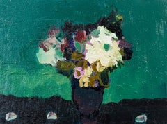 Viridian with Dark Pewter - small dark green, teal, white, floral still life oil
